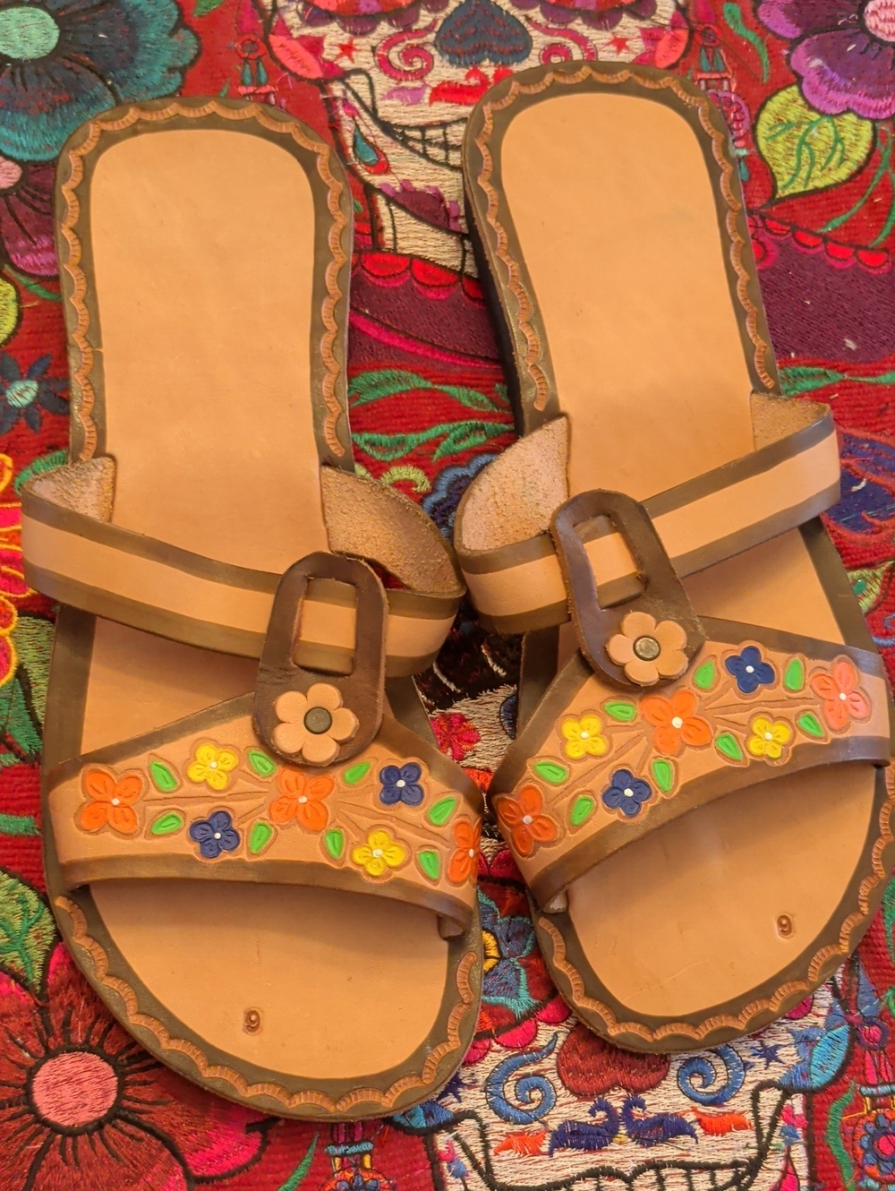 Women's Floral Embroidered Tan Leather Slide Sandals